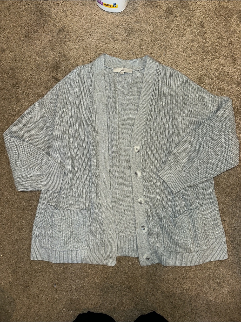 LOFT Cozy Light Gray Ribbed Button-Front Cardigan Sweater